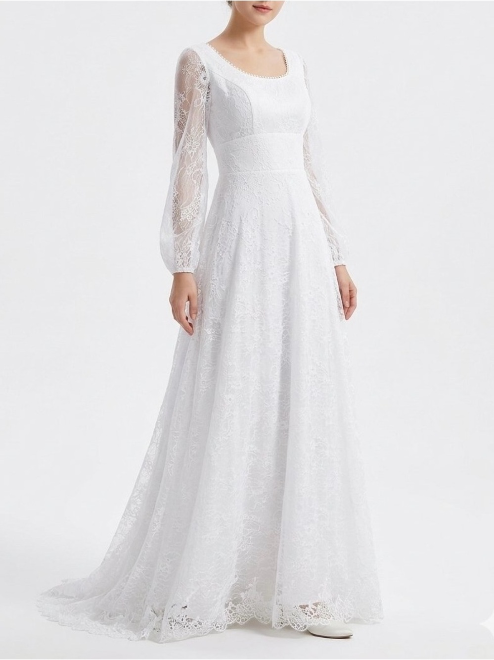 Vintage Style Allover Lace Wedding Dress Long Bishop Sleeve White Size 4